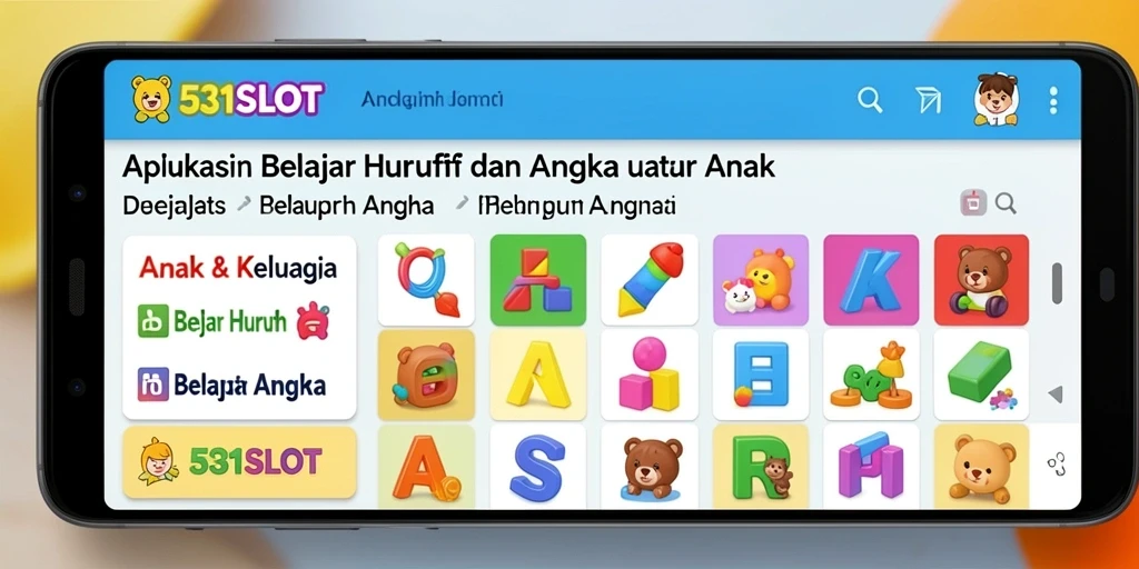 Antarmuka aplikasi 531SLOT untuk belajar huruf dan angka.