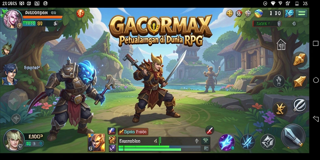 Tampilan antarmuka RPG GACORMAX dengan karakter dan lingkungan yang fantastis.